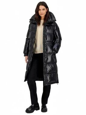 NWT!  MICHAEL KORS Shiny Black Anorak Detachable Hood Puffer Coat L